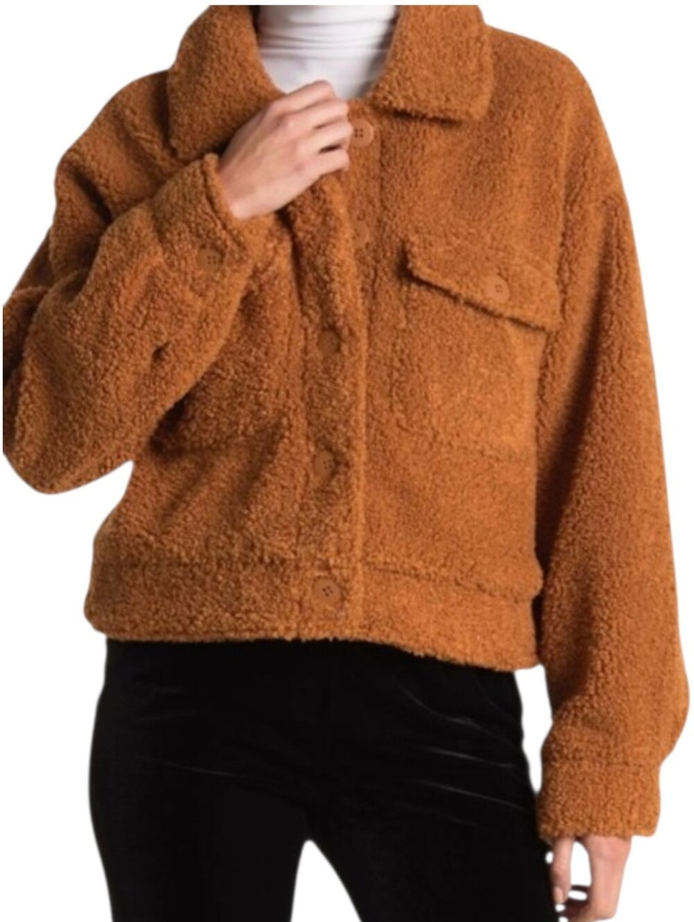 Sanctuary Faux Sherpa Cropped Trucker Jkt Teddy Fleece Button Front Camel Sz XL